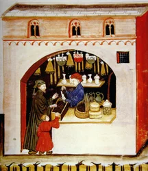 De verkoop van gedroogde druiven, uit Tacuinum Sanitatis